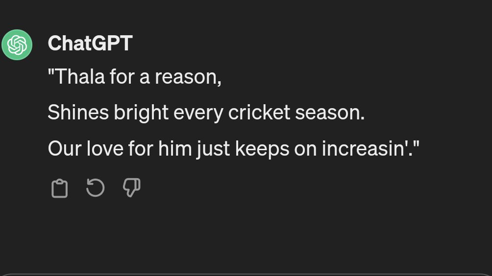 Told ChatGPT to write a small poem on Thala. QT and complete it with your lines. 💛🏏🏟️ #CSKvKKR #WhistlePodu #Dhoni