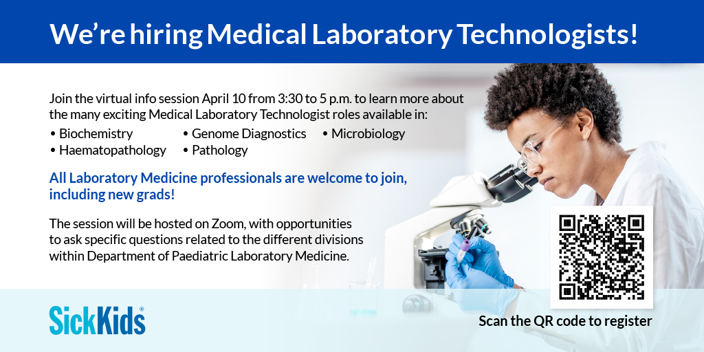 Calling all current and upcoming Medical Laboratory Technologists! (#MLTs). Join us for an exclusive info session on April 10! Explore opportunities and insights with SickKids’ Department of Paediatric Laboratory Medicine. Register now: bit.ly/3IYvlz0 #MLT #LabMedicine