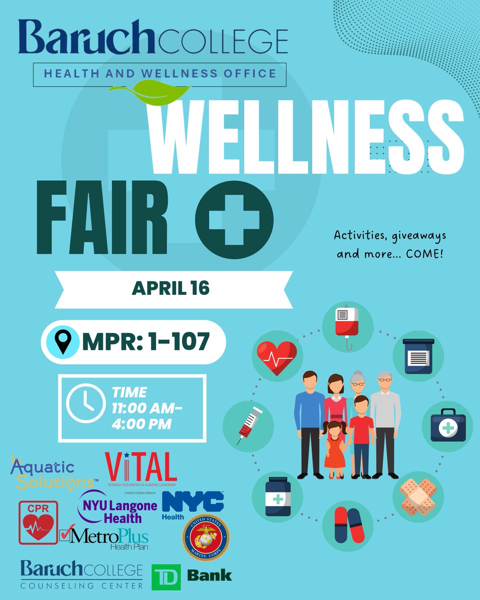 #Health and #wellness services intersects with many different industries beyond just #healthcare. Come on over to the Wellness Fair to #network with professionals and learn about the many opportunities in this career field! 🌱 Register here: lnkd.in/eCHpCbM7 #baruchstarr