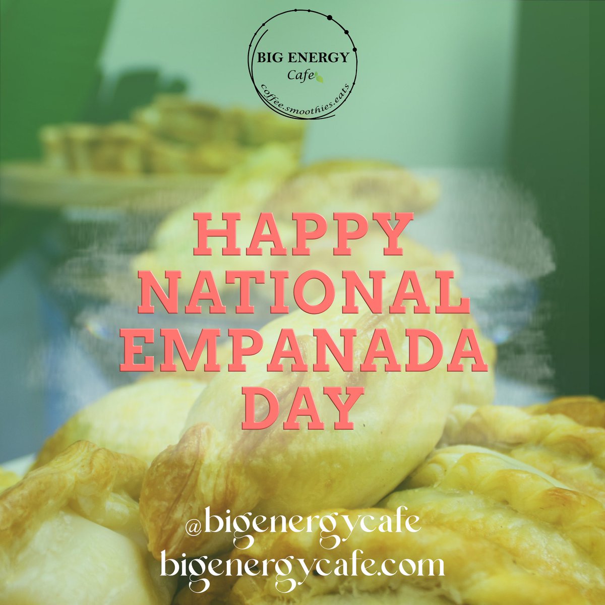 BIGENERGYCafe's tweet photo. Good morning BEC Fam! 😊 
Today is National Empanada Day, which is a monumental day here in the cafe! You all absolutely love our freshly baked, Argentinian empanadas, and who doesn’t??!! They’re so delicious and pair so well with our house made chimichurri sauce. 💚🍃

#swfl https://t.co/iBSqI70GwW