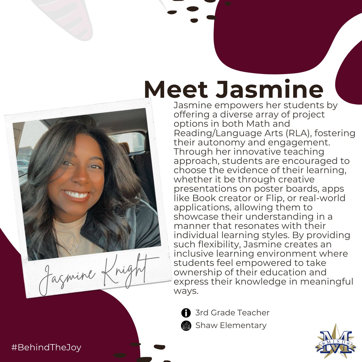 Check out how Jasmine Knight at @ShawBulldogs is empowering students by providing the opportunity to choose their evidence of learning. #GLAD #SkeeterNation #MISDExcellence #StudentChoice 👉 Read more bit.ly/behindthejoy 👉 Nominate Someone bit.ly/mesqnominate
