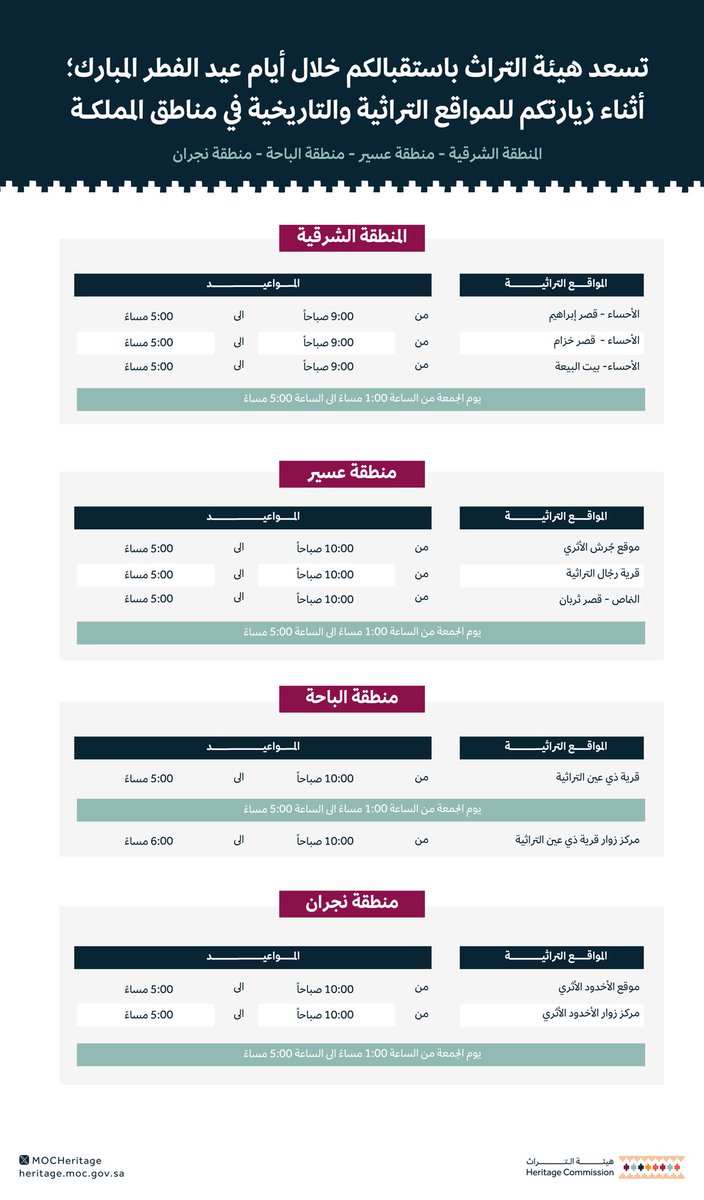 نسعد باستقبالكم خلال أيام عيد الفطر المبارك؛ أثناء زيارتكم للمواقع التراثية والتاريخية في مناطق المملكة. #هيئة_التراث