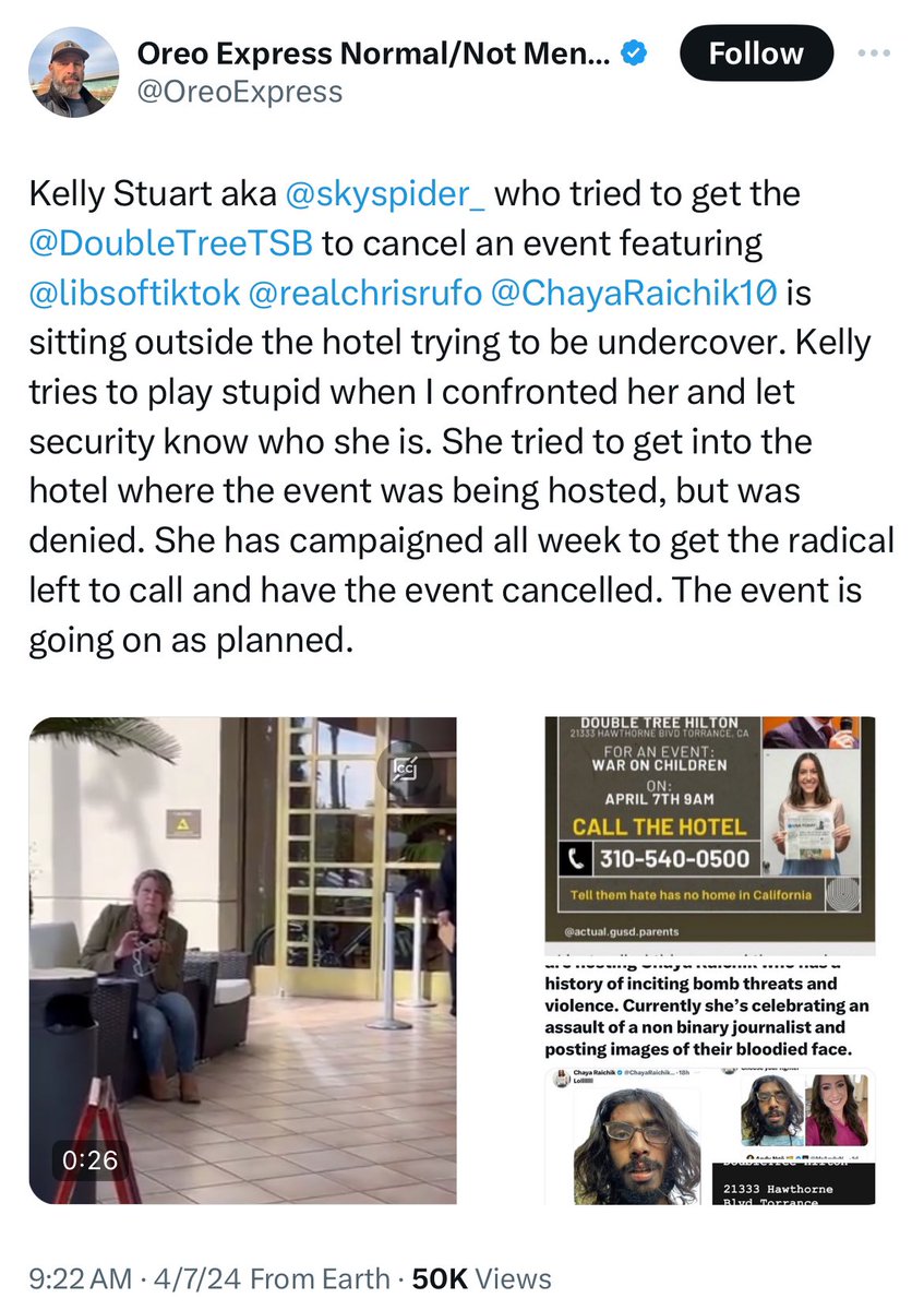 BeamChild's tweet photo. kelly stuart of el segundo seen here harassing people and protesting an anti-pedo event in torrence ca on 4/7/24

she was quickly removed from the property and escorted out by security @SkySpider_ #groomer thank you @OreoExpress https://t.co/hqeakbyPSt