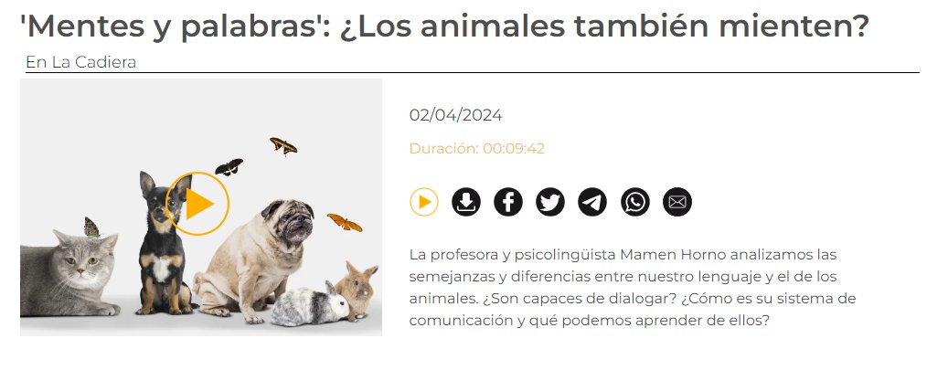 #RecomendaciónZL 📢Hoy os recomendamos el podcast de nuestra #psylexera @m_horno en La Cadiera de @aragonradio. 🔊'Mentes y palabras': 🦁¿Los animales también mienten? 🔗cartv.es/aragonradio/ra… 🐶🐦¡Es súper interesante!