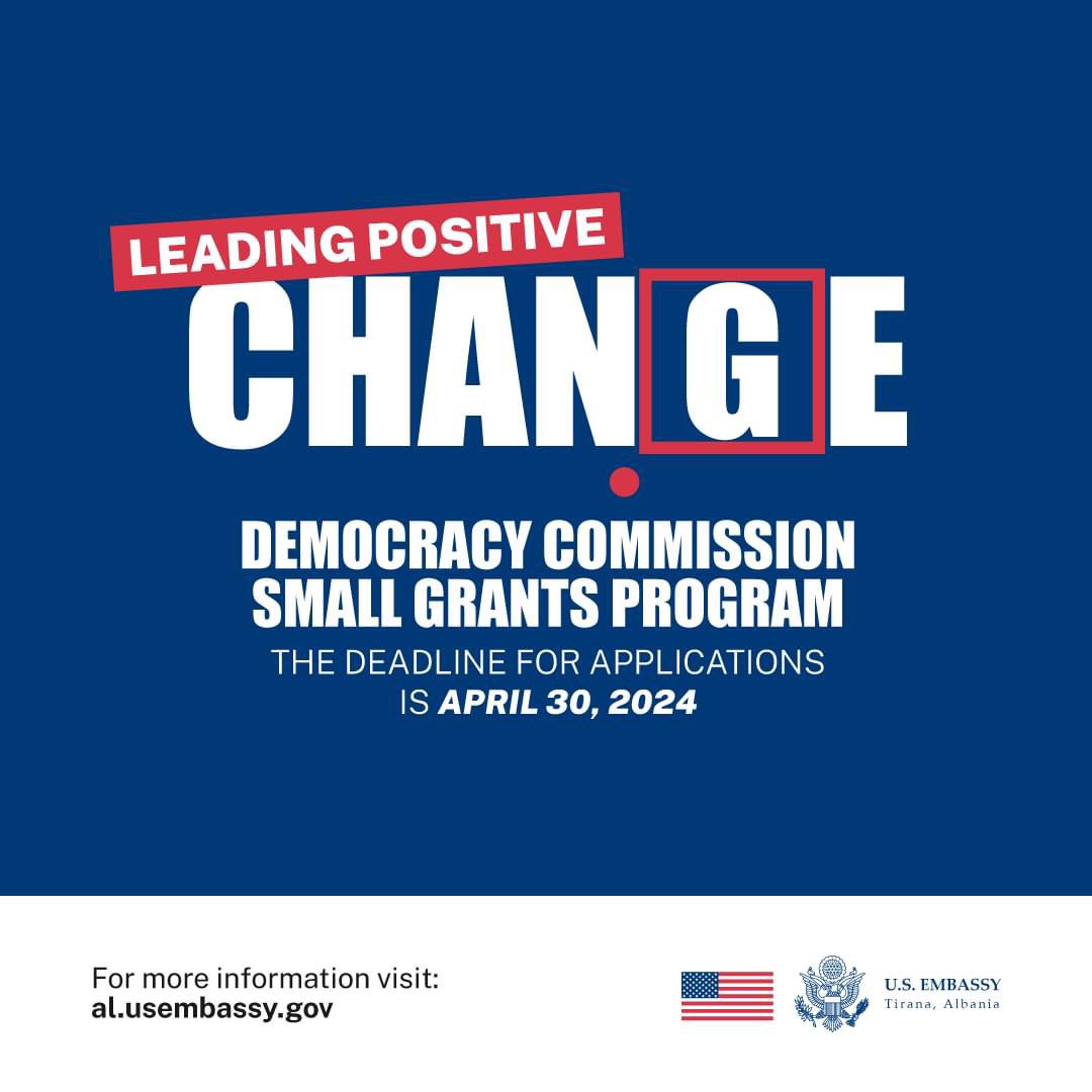 Are you a local NGO/CSO with a great idea for making positive change in your community? The U.S. Embassy in Tirana is accepting proposals for the Democracy Commission small grants program until April 30, 2024. 💻 Join us on Thursday, April 11, at 10:00 a.m., for an online