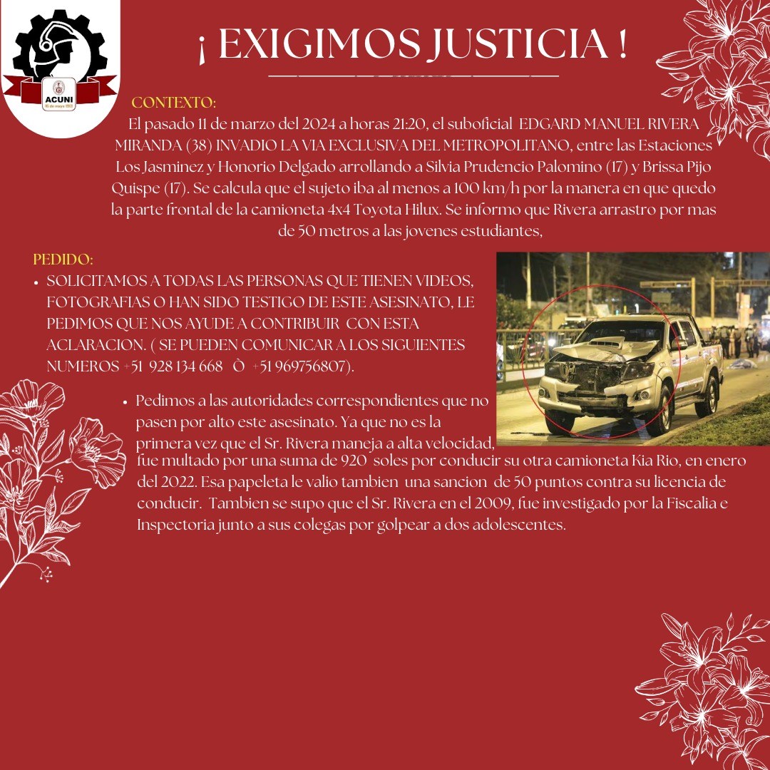 RT 🙏. L@s amig@s y familiares de Silvia y Brissa están buscando fotos o videos que se hayan registrado el día del siniestro. Si fueron testigos también les servirá mucho. El suboficial Edgar Rivera las mató por ir a excesiva velocidad en el carril del metropolitano. 🤬