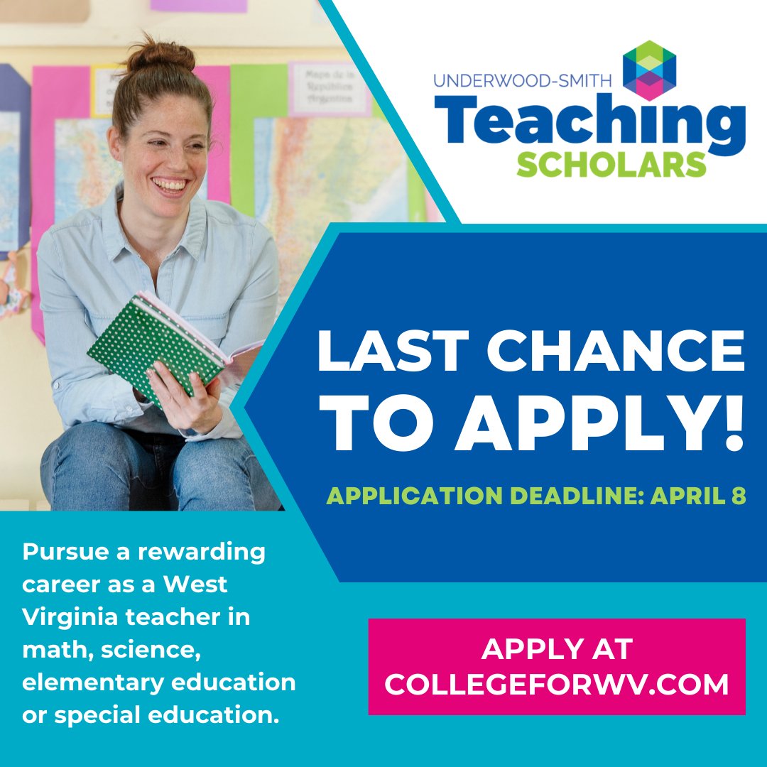 🚨 Today is the LAST DAY TO APPLY for the Underwood-Smith Teaching Scholarship! 🚨 If you are interested in pursuing a degree in education in West Virginia, don't miss out on earning up to $10,000 per year for your degree. Apply NOW! 🔗 bit.ly/4cLHp4m.