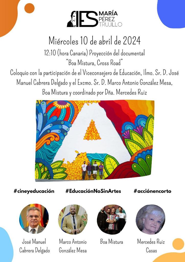 jhergony's tweet photo. Miércoles 10 de abril 12:10 (horaCanaria) Proyección documental @BoaMistura1 "Cross Road"
Coloquio con participación Viceconsejero Educación, Ilmo. Sr.D. José Manuel Cabrera Delgado y Excmo. Sr.D.Marco A.González @londones
#cineyeducación
#EducaciónNoSinArtes
#acciónencorto https://t.co/rnVp2SnaQg