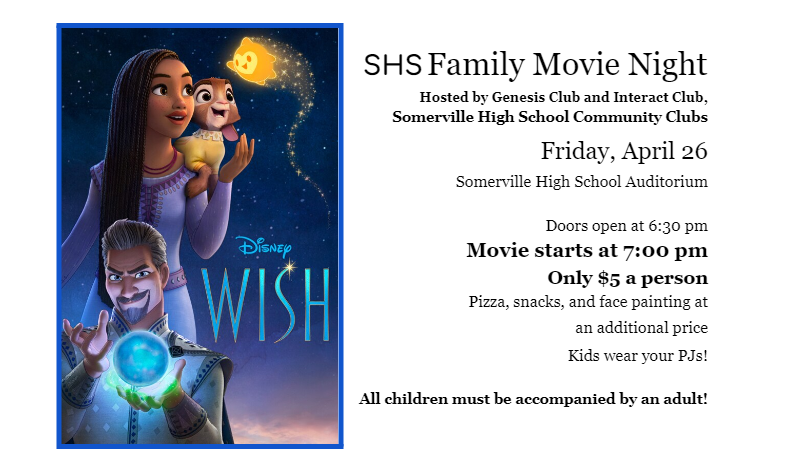 SHS'S Genesis and Interact Clubs will be having its Annual Family Community Movie Night on Friday, April 26th, 2024 at 7:00pm in our school auditorium. Please see flyer for details.