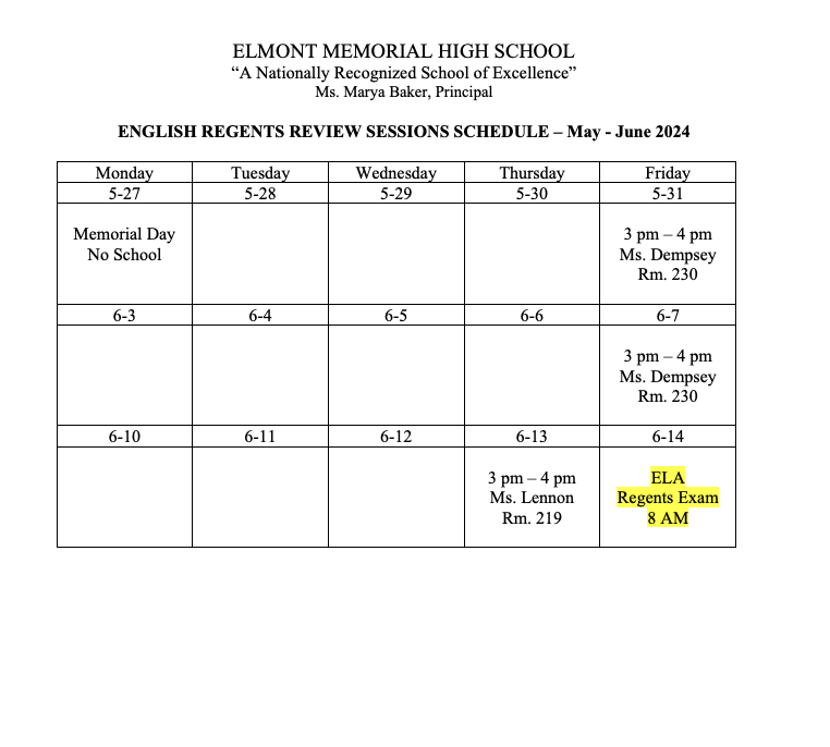 Please view the following images to see the REVISED ELA Regents Review schedule.