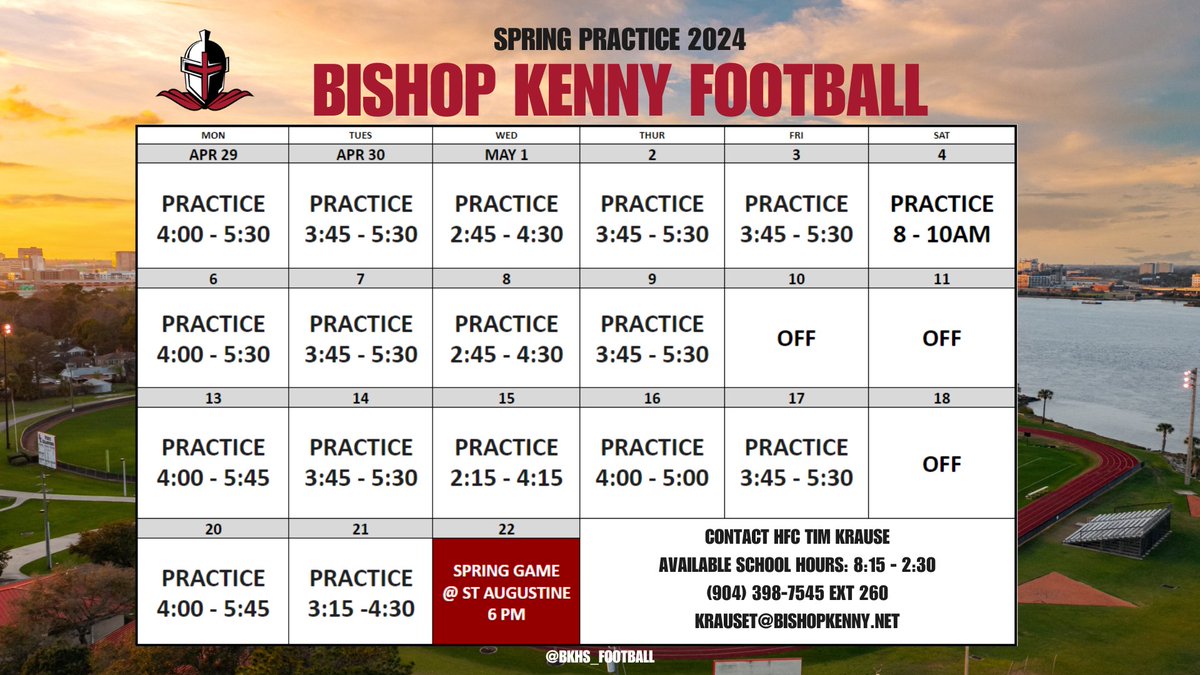 Coaches, Spring practice is almost here!! Take a look at our practice schedule and we will play our spring game at St. Augustine High School at 6 p.m. on May 22!