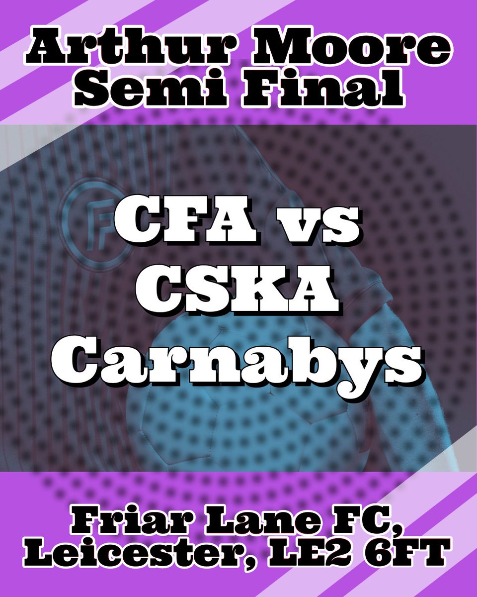 This Sunday we have another Semi Final double header....

📅 Sunday 14th April
🏆 EW Fosters Cup
👕 <a href="/FulhurstRangers/">Fulhurst Rangers FC</a> vs <a href="/BharatSLF/">Leicester Bharat SLF</a>
📍 <a href="/Judgemeadow/">Judgemeadow</a>

🏆 Arthur Moore
👕 <a href="/CFASUNDAY/">CFA Sunday</a> vs <a href="/CSKACarnabys/">CSKA Carnabys</a>
📍 <a href="/FriarLaneFC1/">Friar Lane</a>

Thanks to both facilities again for their support!!!

⚫️🟠🏆🟠⚫️