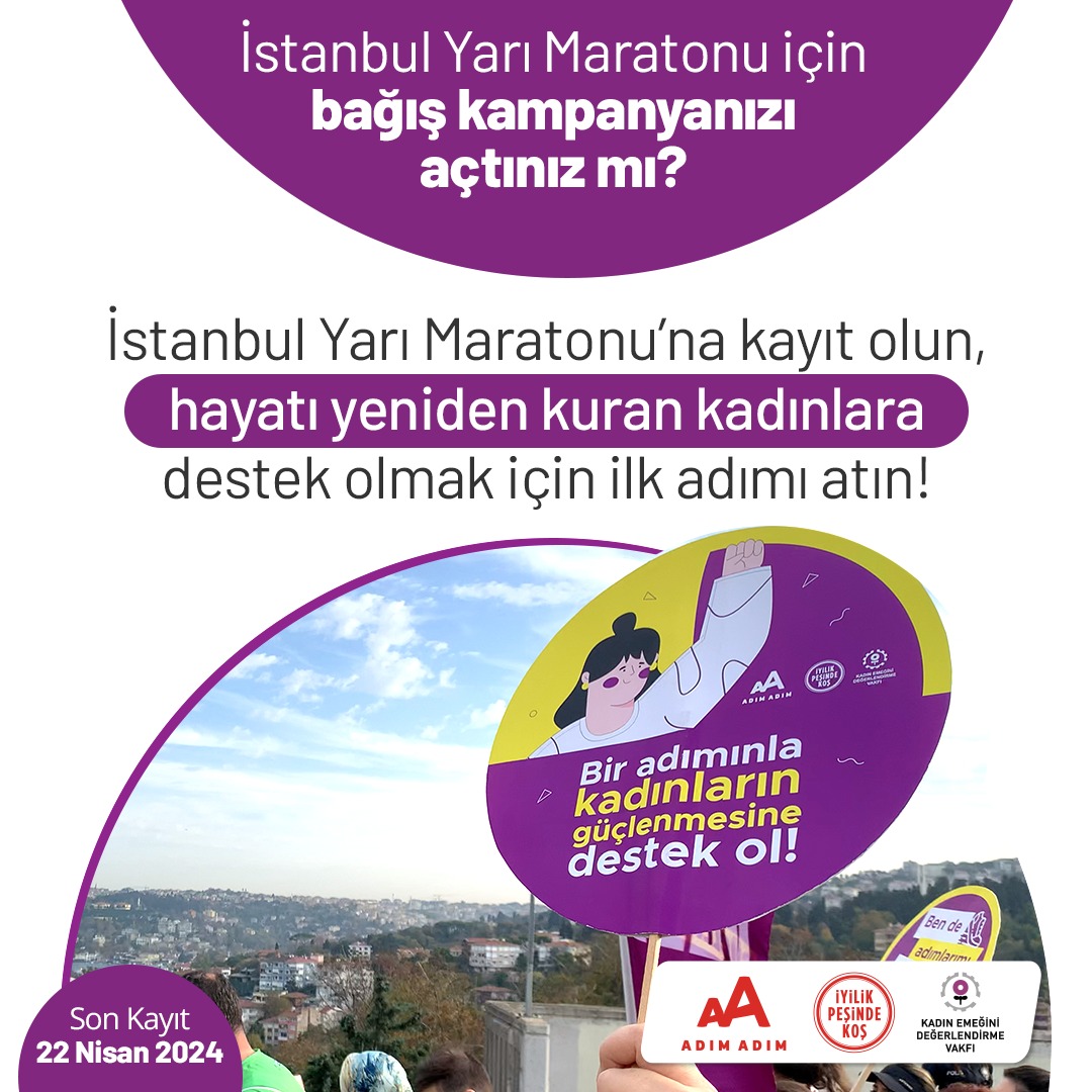 İstanbul Yarı Maratonu'na kayıt olun ve hayatı yeniden kuran kadınlara destek olmak için ilk adımı atın! 💪💜 22 Nisan 2024 tarihine kadar kayıt olarak bağış kampanyanızı açabilir ve dayanışma ağına destek olabilirsiniz. 💜 @marathon.istanbul @adim_adim #KEDV