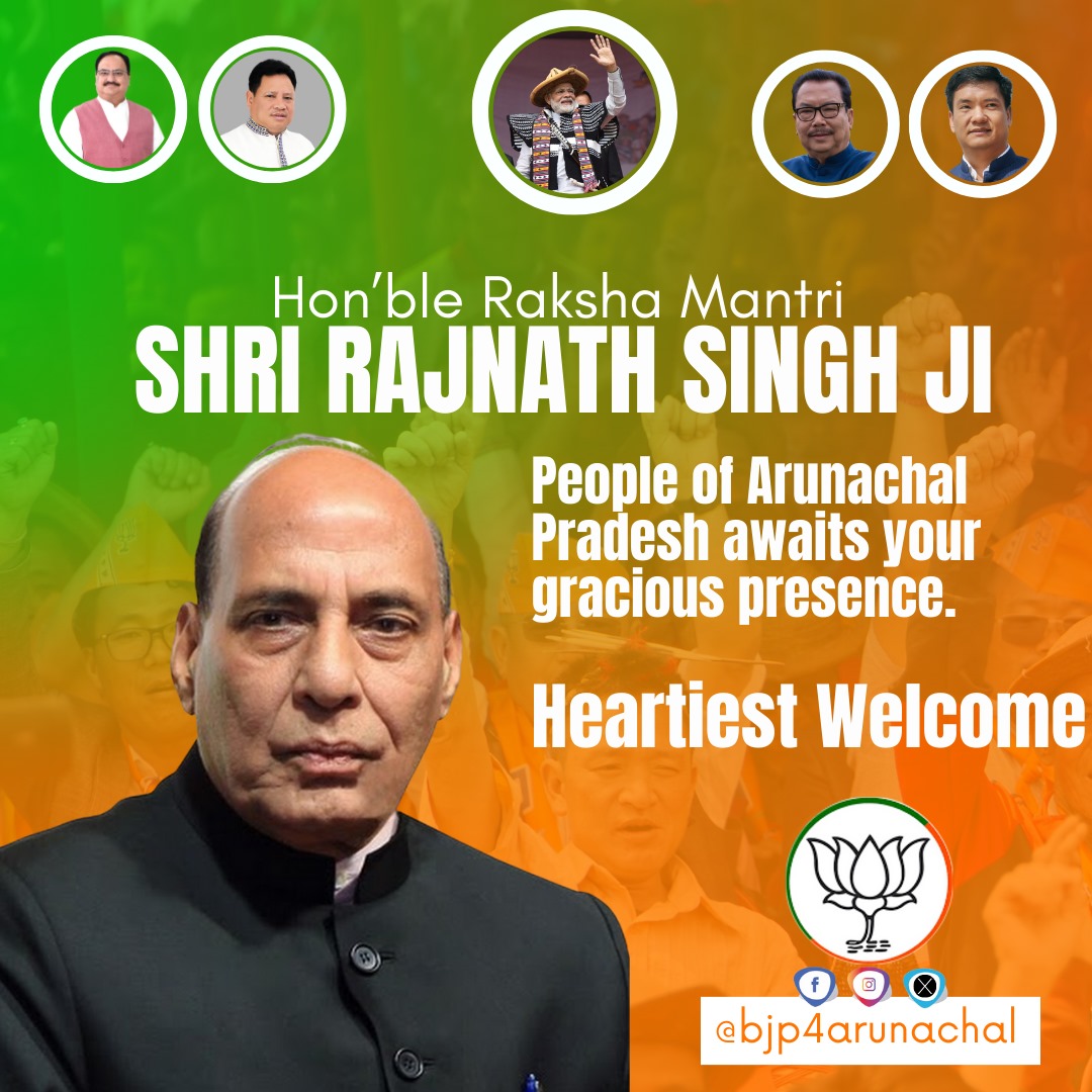 The people and BJP Arunachal Pradesh welcomes Hon’ble Raksha Mantri Shri @rajnathsingh ji to the land of the multicultural people and the Dawnlit Mountains, Arunachal Pradesh. #PhirEkBaarModiSarkar #KamalPhirKhilega