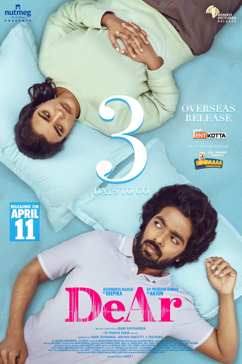 Love, laughter, and the occasional snore! 😄 #DeAR is hitting theaters on April 11th! Don't miss the excitement! #DeArFromApril11 @tvaroon @mynameisraahul @aishu_dil @gvprakash #AishwaryaRajesh @Anand_Rchandran @jagadeesh_s_v @editor_rukesh @narentnb @venkatjashu @proyuvraaj…