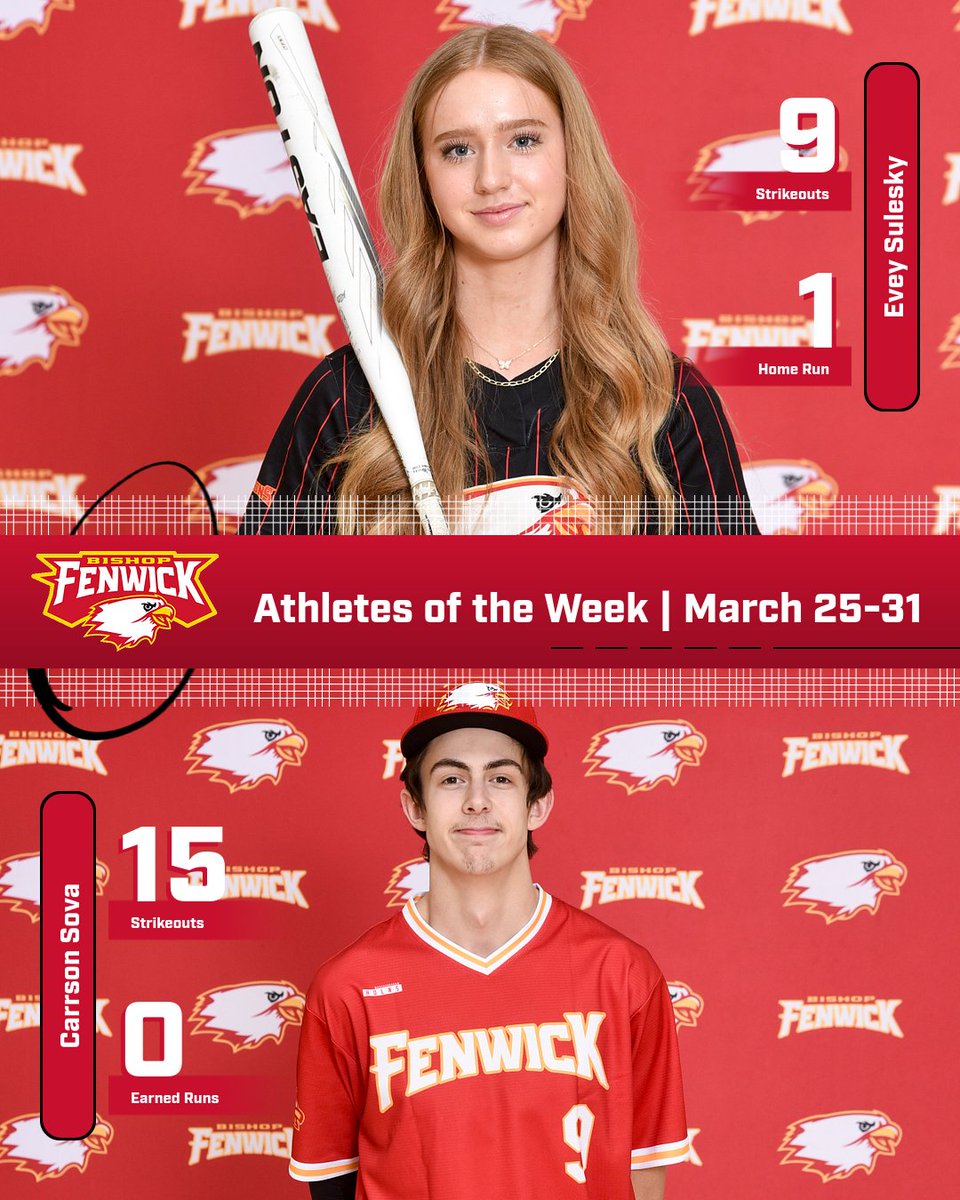Congratulations to our Athletes of the Week! Evey Sulesky pitched a complete game with 9 strikeouts, 0 earned runs, and hit 1 HR at the plate in a win over Middletown. Carrson Sova also had a complete game with 15 SO, with only 1 hit, &amp; 0 earned runs in a win over Mt. Healthy!