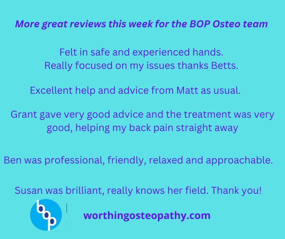 BOP_Osteo's tweet image. Fab reviews for the best team in town #worthing If you are suffering with aches and pains, come and see us today. See more at worthingosteopathy.com #backpaintreatment #sciaticahelp