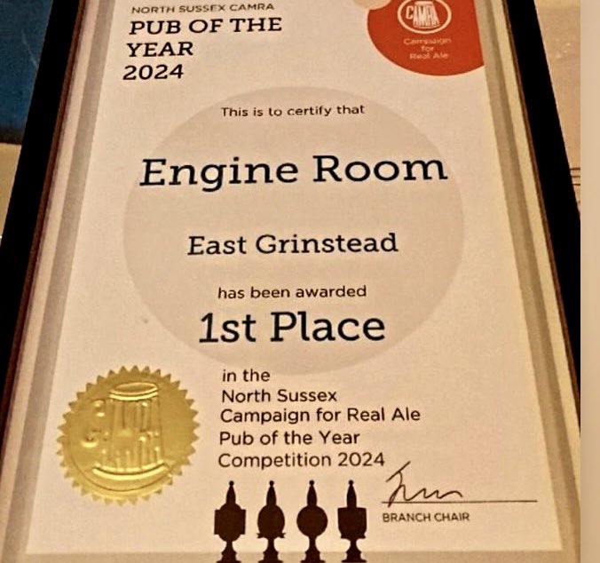 Congratulations to ⁦⁦@engine_tap⁩ EG for winning the CAMRA North Sussex Pub of the Year competition 2024. Very well deserved; pop in sometime soon if you haven’t already done so for an exceptional selection of cask, keg and canned beers, ciders, and other beverages🍻🥂