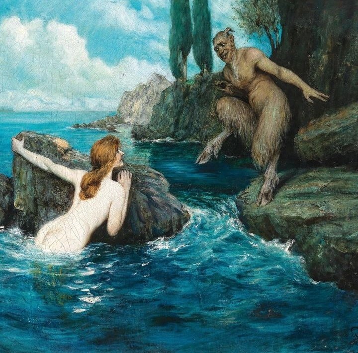 'Faun and Mermaid' by Ferdinand Leeke (1901 - 1989) #FerdinandLeeke #painting #Faun #mermaid