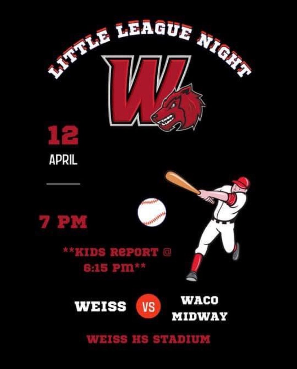 Weiss baseball is playing on April 12th for our little league night! Any incoming Weiss baseball players are welcome! Come show up and support @Weiss_Baseball @CoachAtkisson7 @cockerill_mike #STANDARD