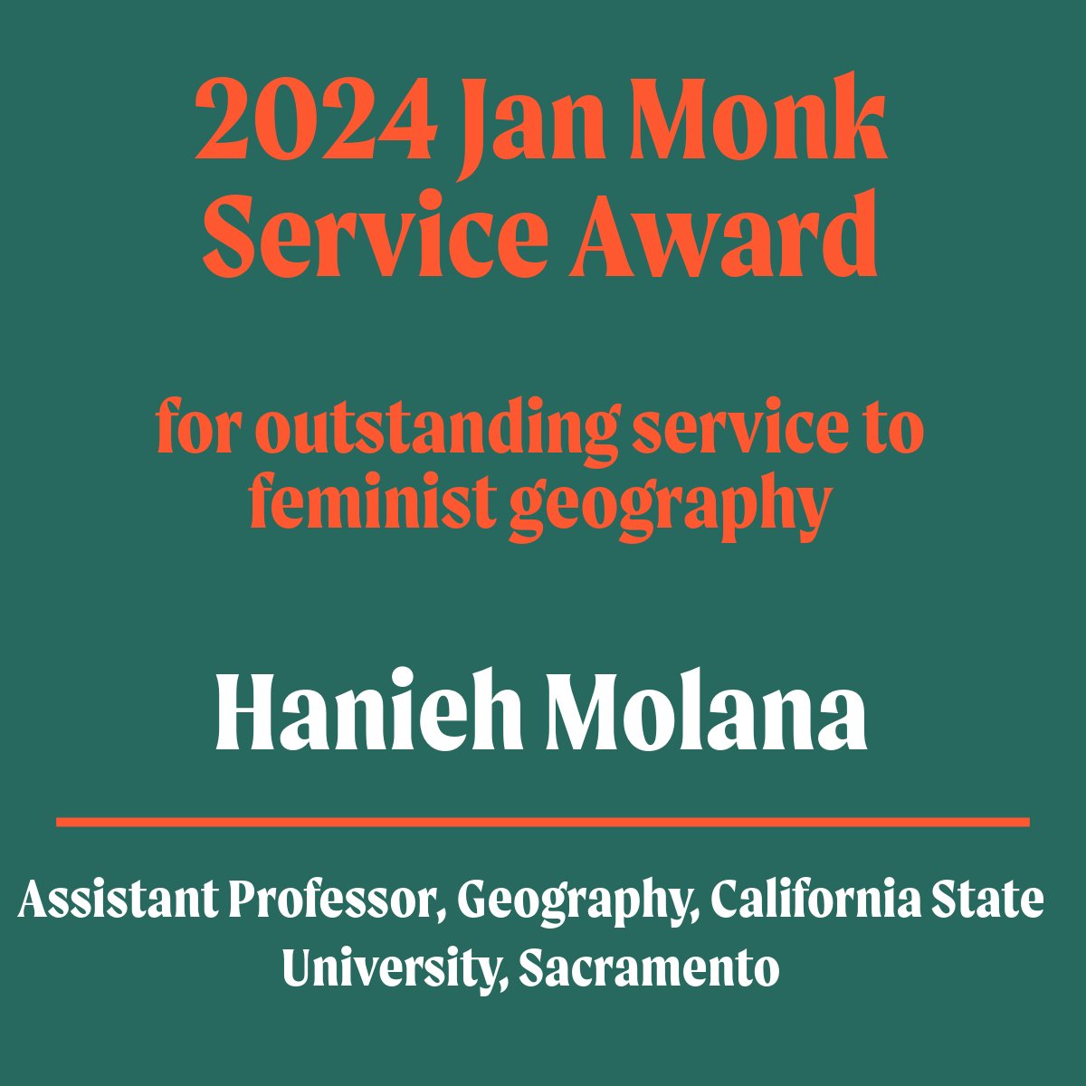 Join us in congratulating Hanieh Molana (@MolanaHanieh), the 2024 recipient of the Jan Monk Service Award for her contributions to the professional spaces of feminist geography! Thanks Hanieh! <3