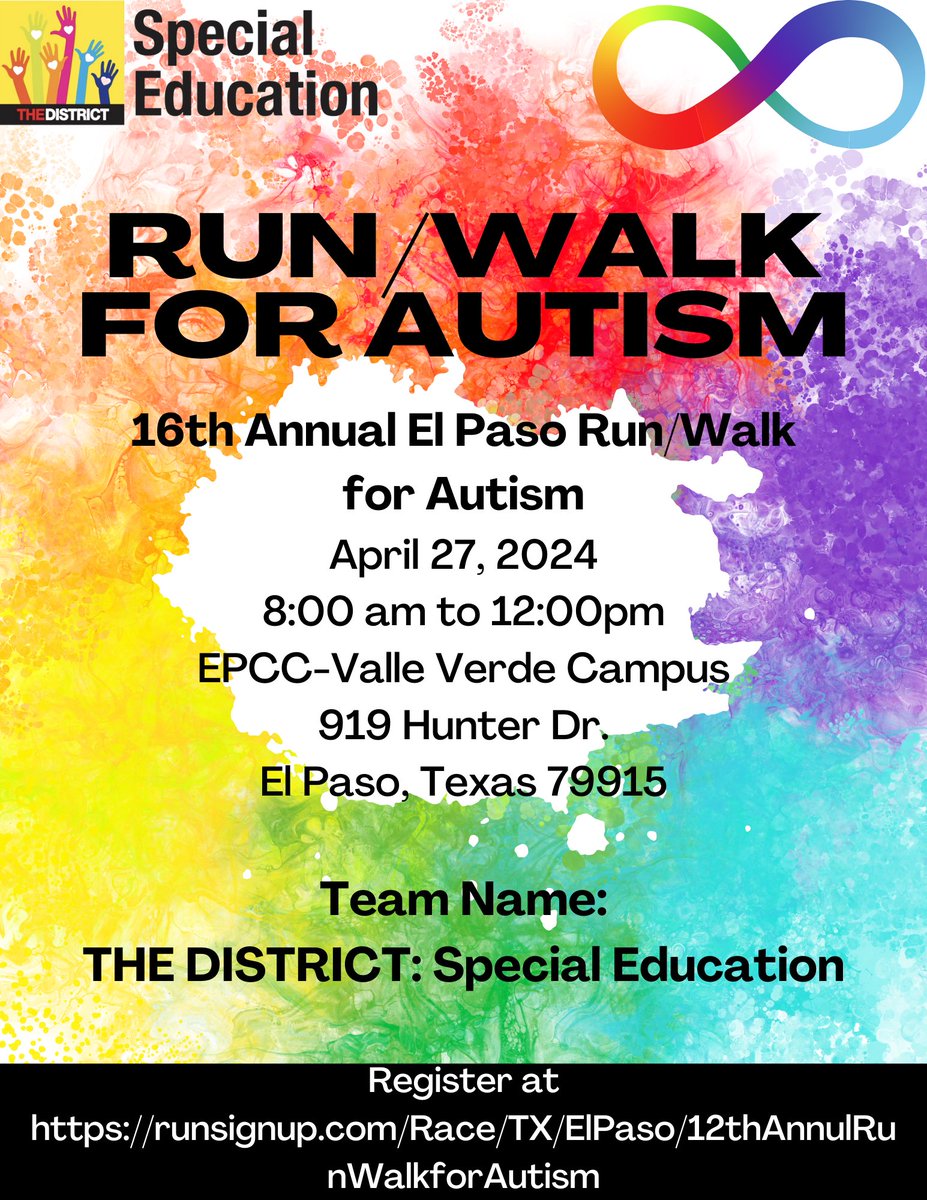 Join our @YISD_SPEDteam for the @autismsocietyep run/walk for Autism. Team name: THE DISTRICT: Special Education. @YsletaISD @medina_dav @bauercrystal @ValerieAco13544 @Mrs_StephRent @PhilipDorantes LAST DAY FOR TEAM REGISTRATION IS 4/15/2024