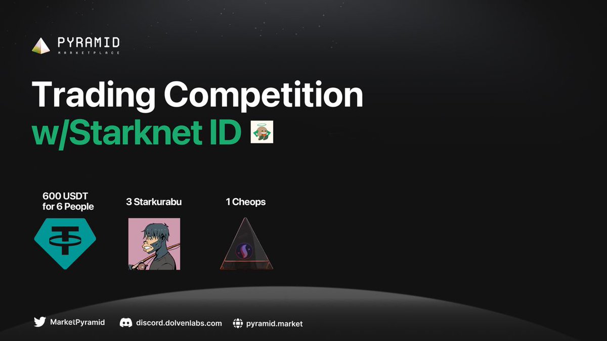 🌟 Attention #Starknet folk! NFT Trading competition starts now on Pyramid with contribution of @StarknetId @Starkurabu Stand a chance to grab $600 at total for 6 people and extra 1 cheops and also 3 exclusive Starkurabu NFTs! 🎉 ‼️ Rewards await the top 10 traders with the…