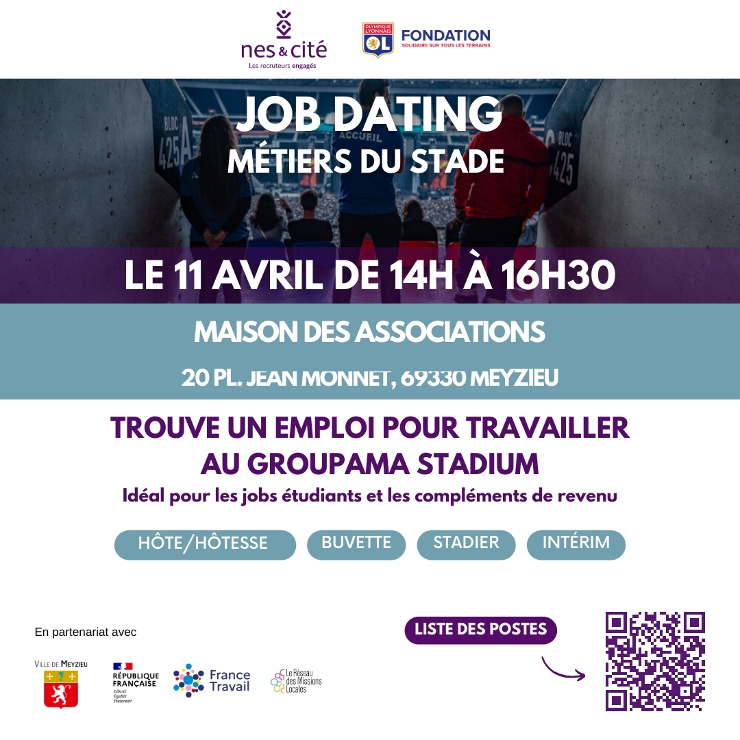 Job Dating en collaboration avec @OLFondation le 11 avril de 14h00 à 16h30 à la Maison des Associations, 20 Pl. Jean Monnet, 69330 Meyzieu sur les métiers du stade ! Idéal pour les jobs étudiants et les compléments de revenu… #Emploi #Lyon