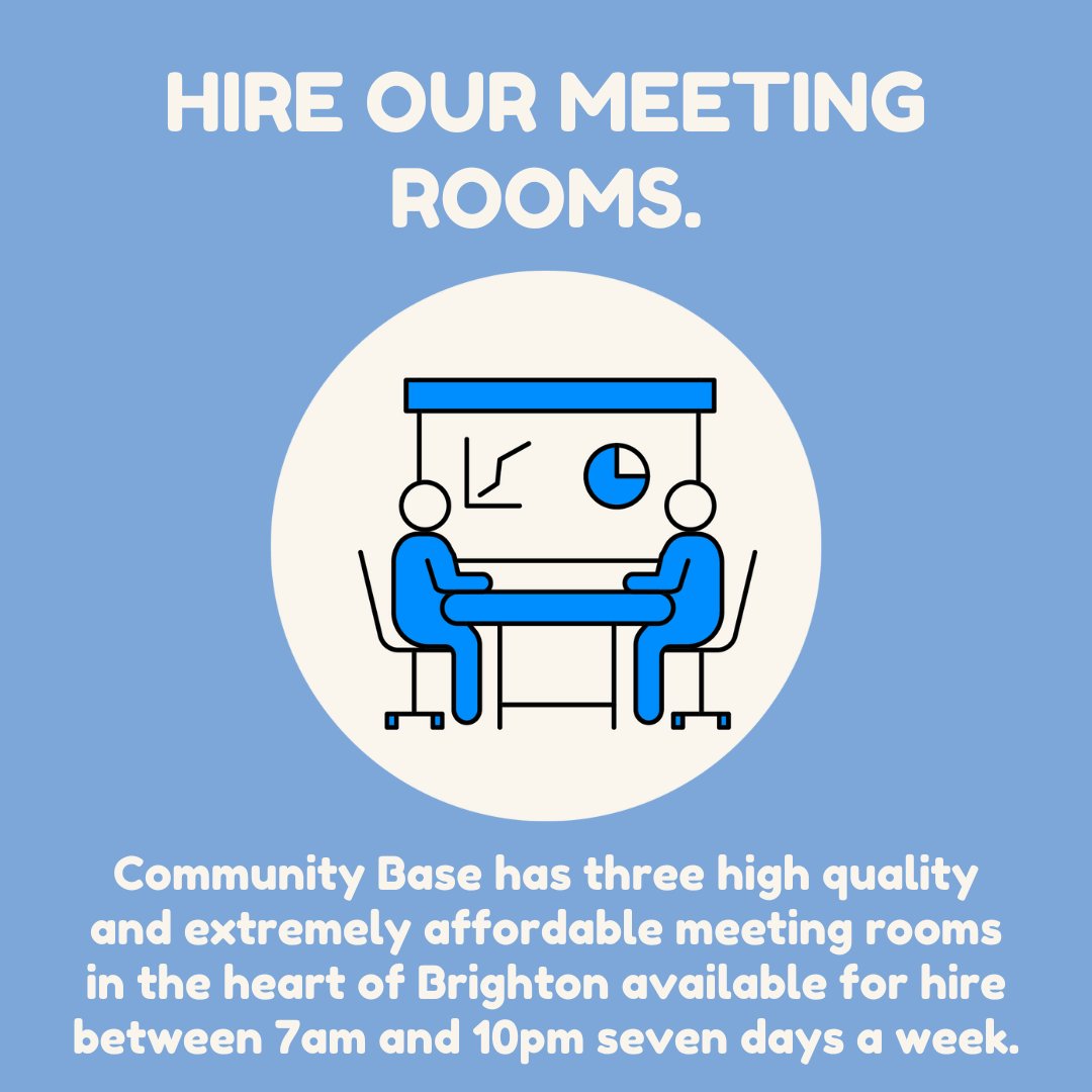 📢HEY COMMUNITY GROUPS! Are you a community group in Brighton & Hove looking for a meeting space? Then Community Base is here for you. We’re super central & our rooms won’t cost the earth. Plus, you can use them 7am-10pm any day of the week! Book now👉communitybase.org/our-services/o…
