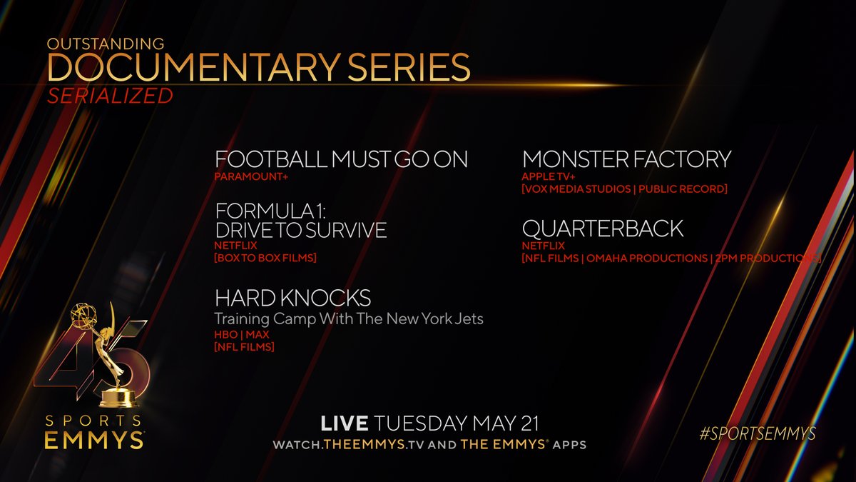 #SportsEmmys Noms for Documentary Series–Serialized: -Football Must Go On @paramountplus -F1: Drive to Survive @netflix @BoxToBoxFilms -Hard Knocks | New York Jets @hbo -Monster Factory @AppleTVPlus @voxmedia @PublicRecordTV -Quarterback @nflfilms @omahaprod