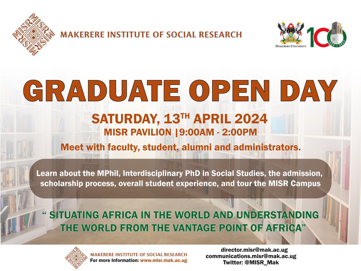 🎓 Calling all graduate students! Don't miss our MISR Open Day on April 13th, 2024, from 9am - 2pm at the MISR Pavilion. Join us for an immersive experience, meet our faculty, tour the campus, learn about the Mphil/Ph.D program and scholarship opportunities. #GraduateOpenDay 🌟