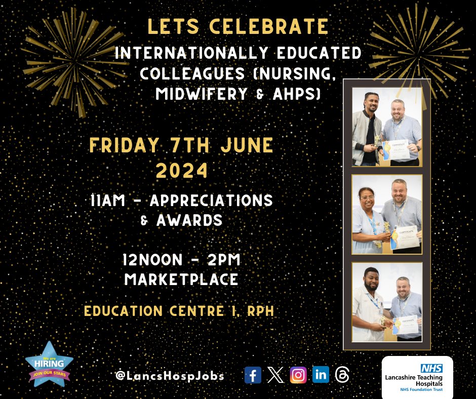 Lancashire Teaching Hospitals Jobs 💙 (@lancshospjobs) on Twitter photo 📢Calling all Managers <a href="/LancsHospitals/">Chorley & Royal Preston</a>
Have you nominated your 'Internationally Educated Colleague' yet?
🏆We have 6 Award categories that you can nominate colleagues for!
Deadline to vote is 10/05 and the Celebration Day 07/06 📢Calling all Managers <a href="/LancsHospitals/">Chorley & Royal Preston</a>
Have you nominated your 'Internationally Educated Colleague' yet?
🏆We have 6 Award categories that you can nominate colleagues for!
Deadline to vote is 10/05 and the Celebration Day 07/06