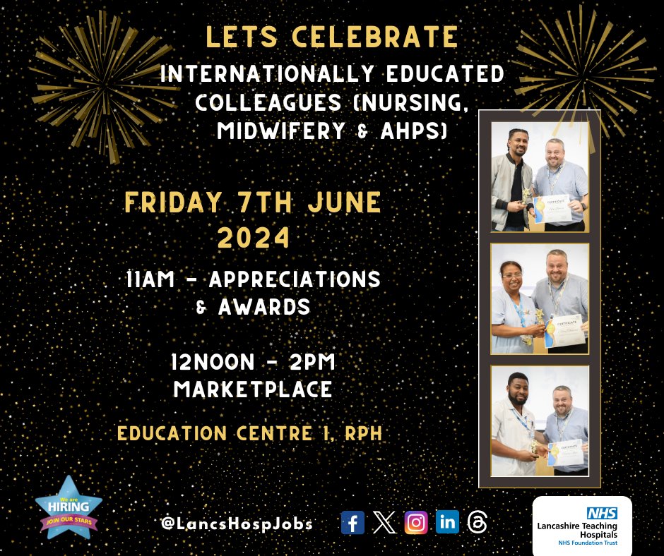 📢Calling all Managers @LancsHospitals Have you nominated your 'Internationally Educated Colleague' yet? 🏆We have 6 Award categories that you can nominate colleagues for! Deadline to vote is 10/05 and the Celebration Day 07/06