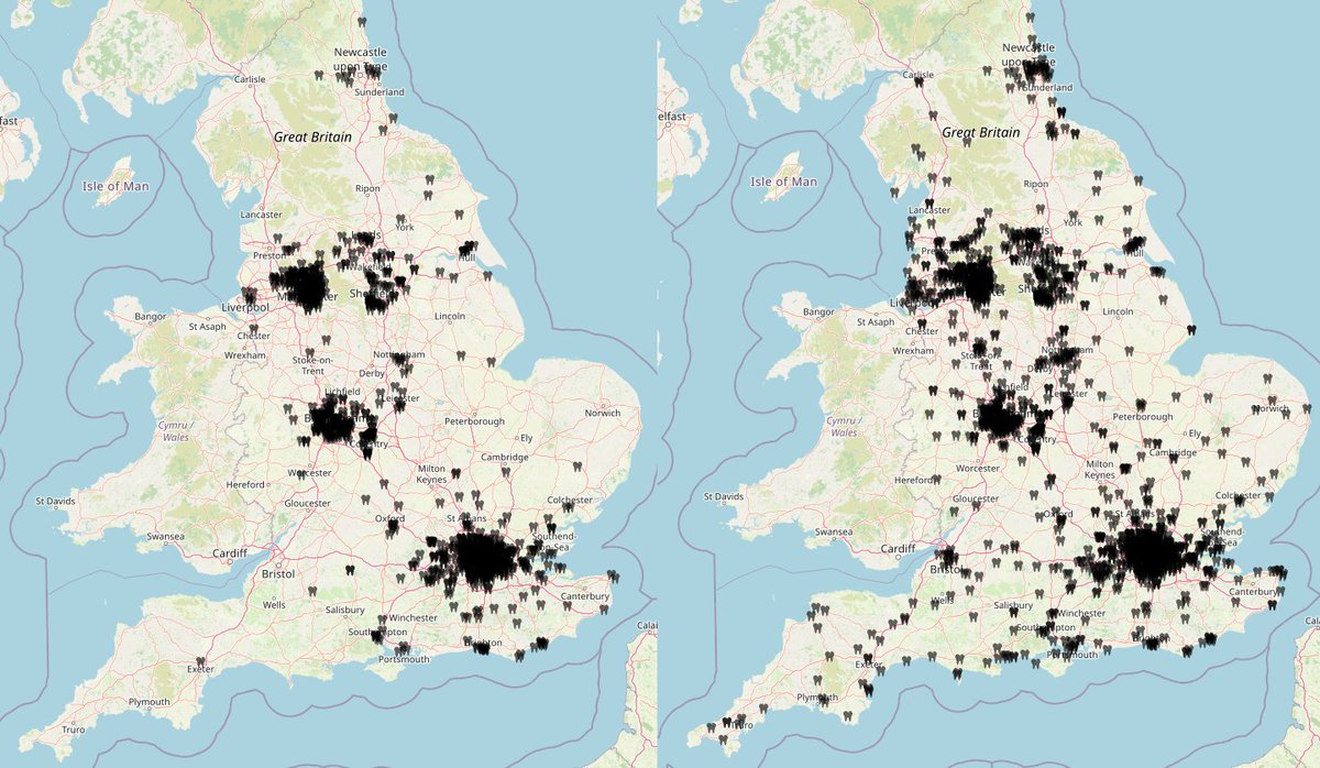 Looks like the dental plan is starting to have positive effects - the map below shows dentists taking on adult NHS patients in January (left) and now (right). Lots more are taking on new patients - particularly in shire and coastal areas.