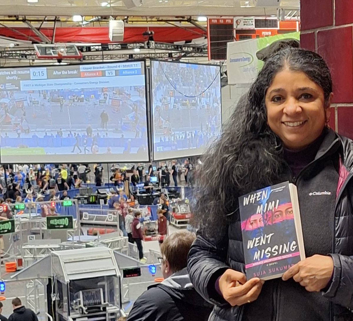 Continuing my “tour” of #michigan spots where my debut #YA #thriller WHEN MIMI WENT MISSING is set. This is the states competition for First Robotics at Saginaw. It was truly exhilarating watching the bots compete and how brilliant & focused these kids are! #FRC #bipoc