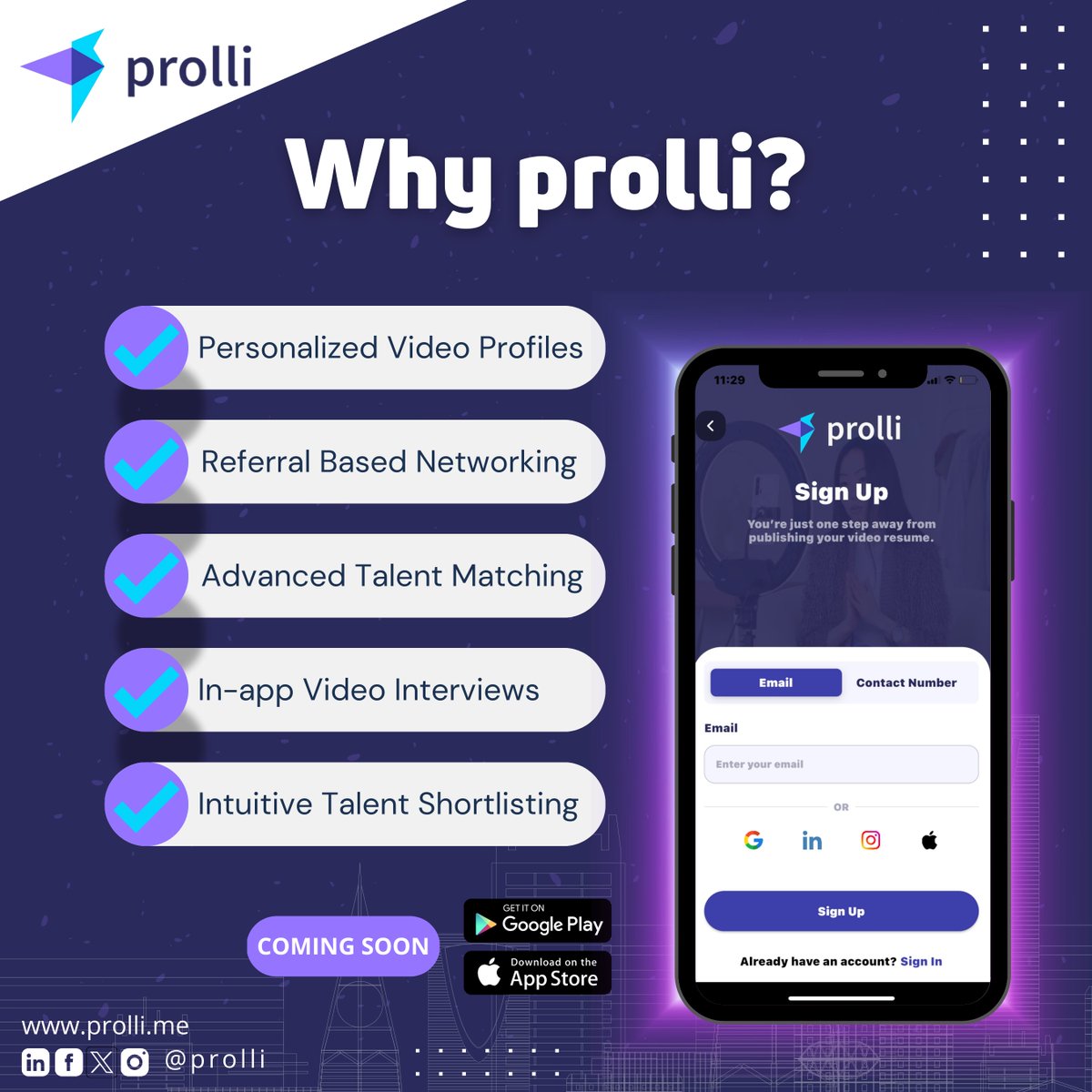 Don't miss out on valuable insights and updates – Follow @prolliapp to stay informed about our upcoming launch.

#prolli #prolliapp #videocv #videoresume #skillsharing #appfeatures #mobileapp #talentsharing #getreferred #professionalsocialnetwork #onlinepresence #professionals