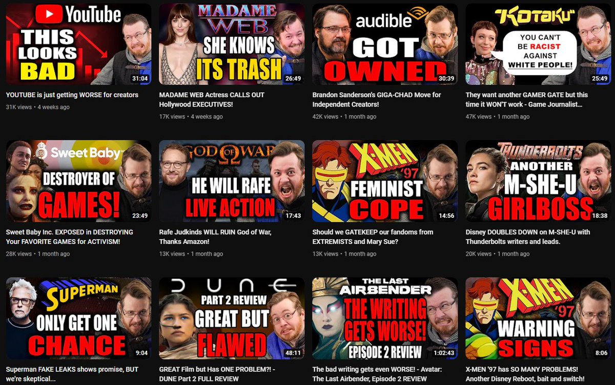 @StudioPenDracos You really need look no further than his KnightsWatch podcast channel. It's filled to the brim with alt right grifter chud behavior. 
Such arguments I've seen from him are 'Disabled people shouldn't be allowed to use wheelchairs in games of DnD' and 'The SuperMario movie is woke'