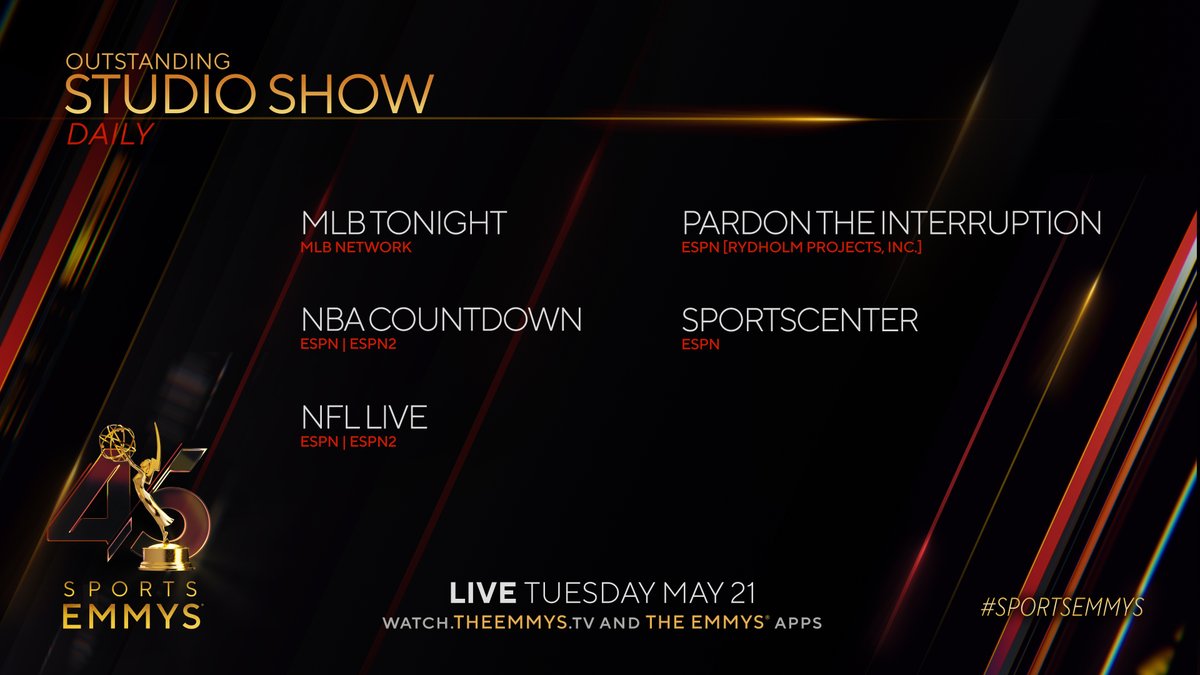 The #SportsEmmys Nominees for Studio Show – Daily are: - MLB Tonight (@mlbnetwork) - NBA Countdown (@espn) - NFL Live @espnnfl (@espn) - Pardon The Interruption @PTI (@espn) - SportsCenter @SportsCenter (@espn)