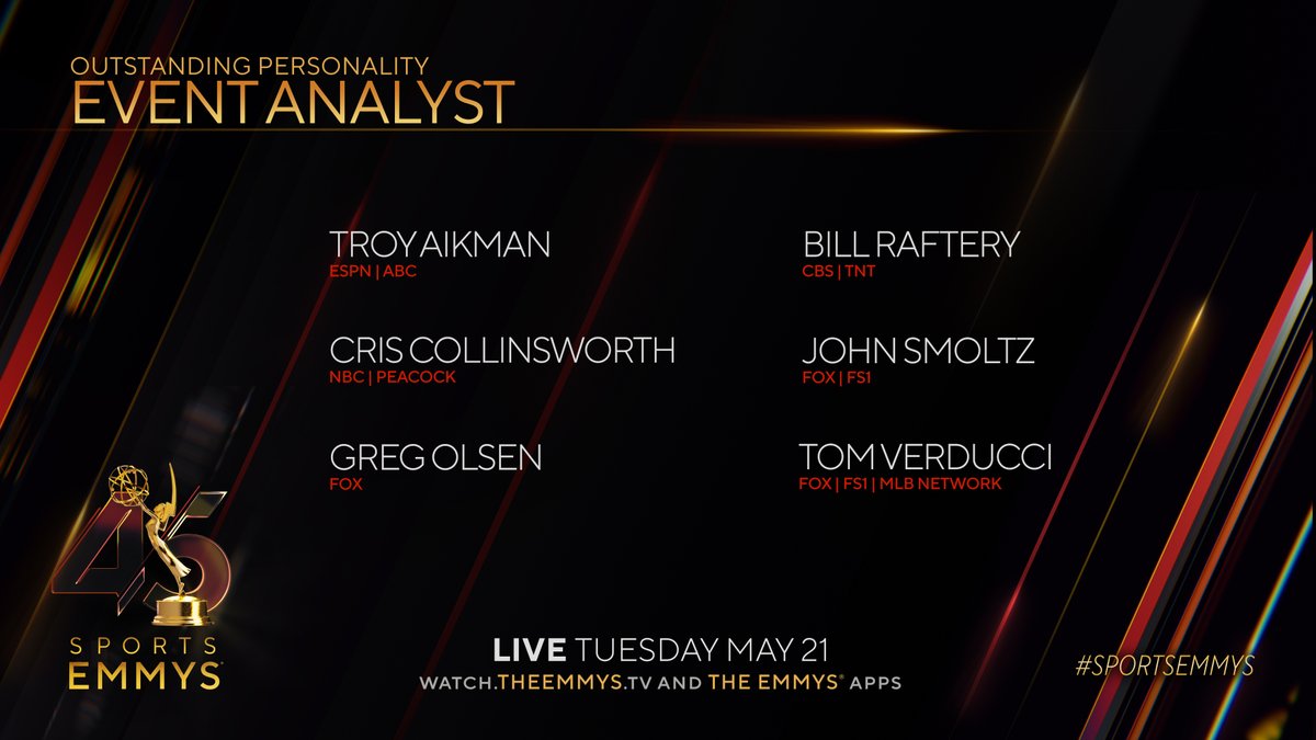 The #SportsEmmys Nominees for Event Analyst are: -@TroyAikman (@espn @abcnetwork) -@CollinsworthPFF (@NBCSports @peacock) -@gregolsen88 (@foxsports) -Bill Raftery (@cbssports @TNTSportsUS) -John Smoltz (@FS1 @foxsports) -Tom Verducci (@foxsports @MLBNetwork)