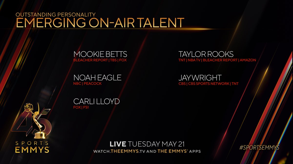 #SportsEmmys Nom for Emerging On-Air Talent are:
-Mookie Betts @mookiebetts (@BleacherReport @FOXSports)
-Noah Eagle @NoahEagle15 (@NBCSports)
-Carli Lloyd @CarliLloyd (@FS1)
-Taylor Rooks @TaylorRooks (@TNTSportsUS)
-Jay Wright @CoachJayWright (@cbssports)