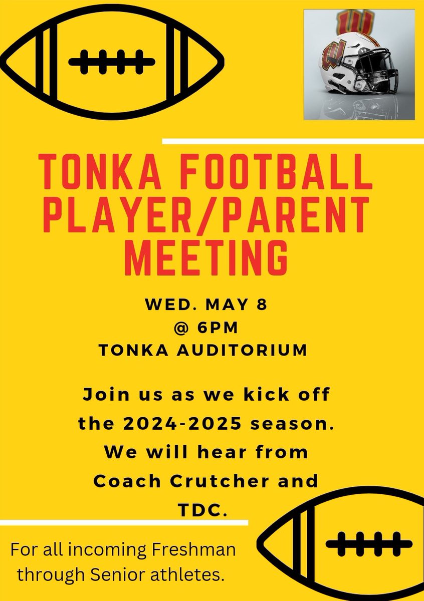 8th graders interested in football at Winnetonka, the first parent meeting is coming up on May 8th. #tonkanation #nkcschools
