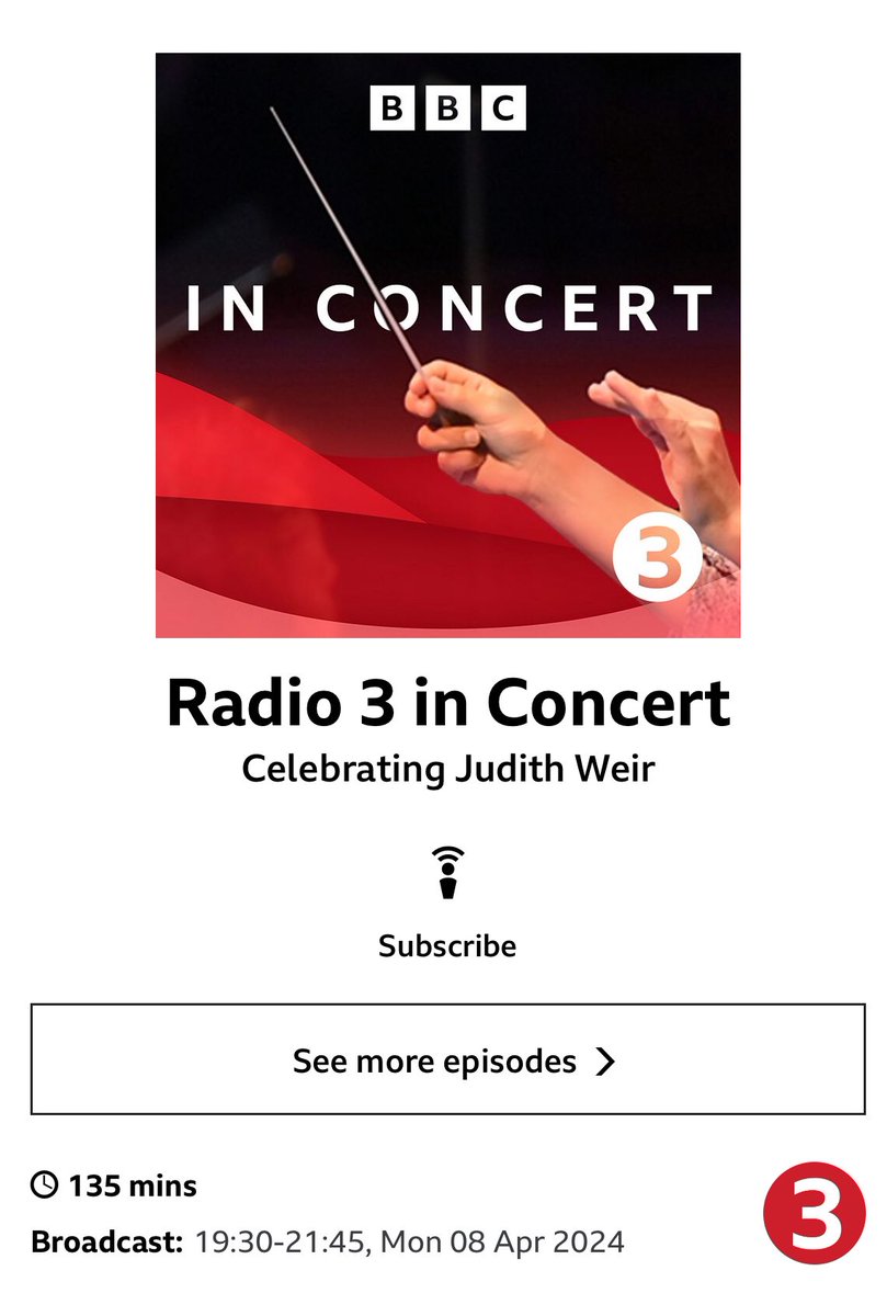 Monday listening sorted! Our <a href="/KingsPlace/">Kings Place</a> concert, celebrating the marvellous music of Judith Weir, is on <a href="/BBCRadio3/">BBC Radio 3</a> tonight at 7.30PM 🌟
 
Alongside Weir's colourful Missa del Cid, there's music from <a href="/jamesmacm/">James MacMillan</a>, <a href="/EPerivolaris/">Electra Perivolaris</a>, and some of Renaissance Spain’s finest composers 🎶