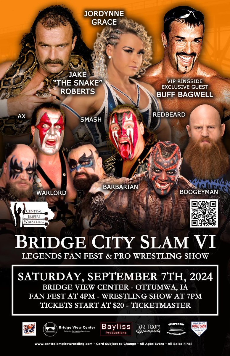 🚨🚨ON SALE NOW🚨🚨 Tickets for CEW Bridge City Slam are on sale now! When: Saturday Sept 7th Where: Bridge View Center Ottumwa, IA Fan Fest: 4pm-7pm (Entry to fan is included with ticket) Live Wrestling: 7pm! Buy Tickets: bit.ly/3PIpj9B