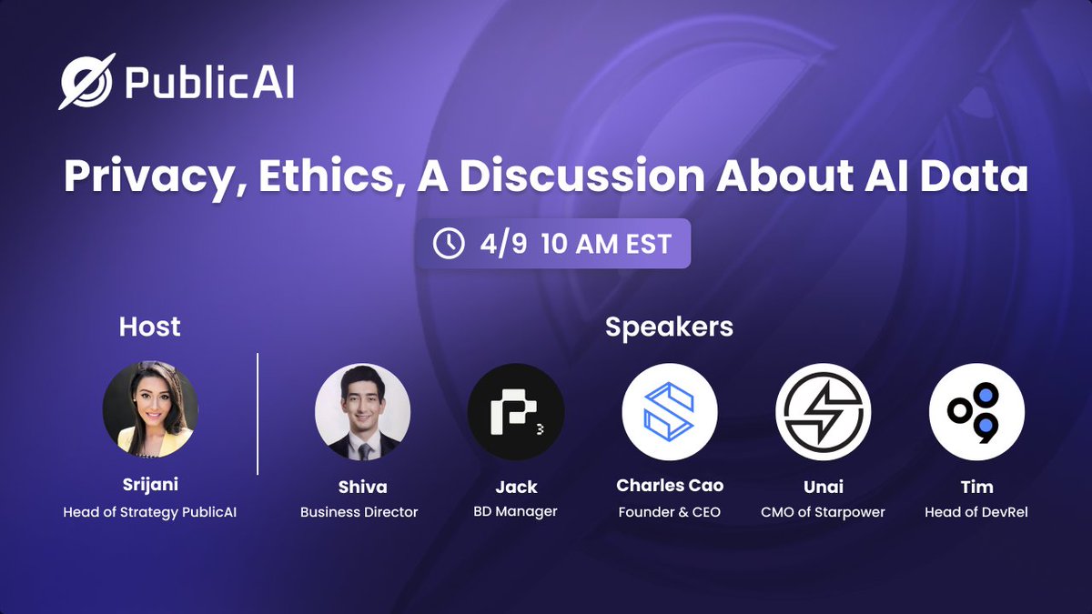 💬 Join #PublicAI upcoming #AMA with @Port3Network
, @swan_chain, @starpowerworld,@flock_io
  
🔥  Topic: Privacy, Ethics, A discussion about AI data
⏰  10:00 AM EST, 4/9/2024
🎤  twitter.com/i/spaces/1ynJO…

🏆 100 USDT
✅ Follow @PublicAI_  & Tag 3 frens
✅ 5 best QTs in comments