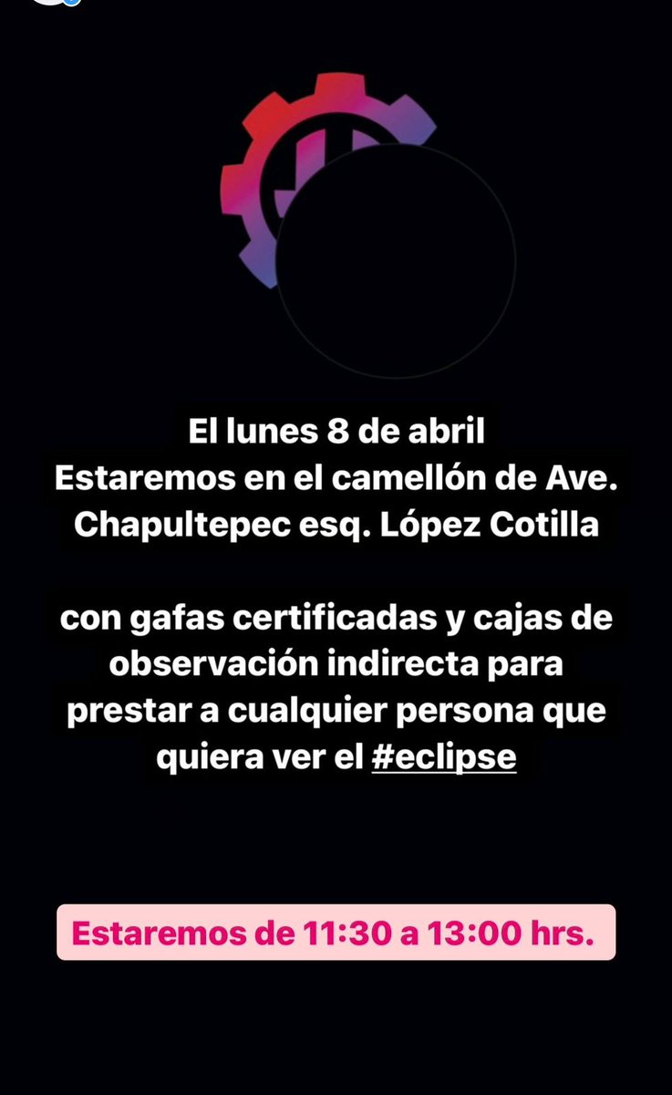 Hoy estaremos en Ave. Chapultepec y López Cotilla con gafas certificadas y cajas de observación indirecta para prestar a cualquier persona que quiera ver el #EclipseSolar. De 11:30 a 13:00 hrs.