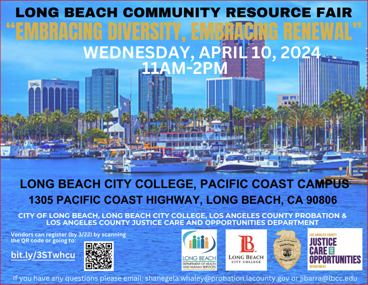 The city of Long Beach, Long Beach City College, LA County Probation and the LA County Justice Care & Opportunities Department are hosting a community resource fair on Weds, 4/10 @ LBCC Pacific Coast Campus. @cssdla will be onsite to answer questions & provide case assistance.