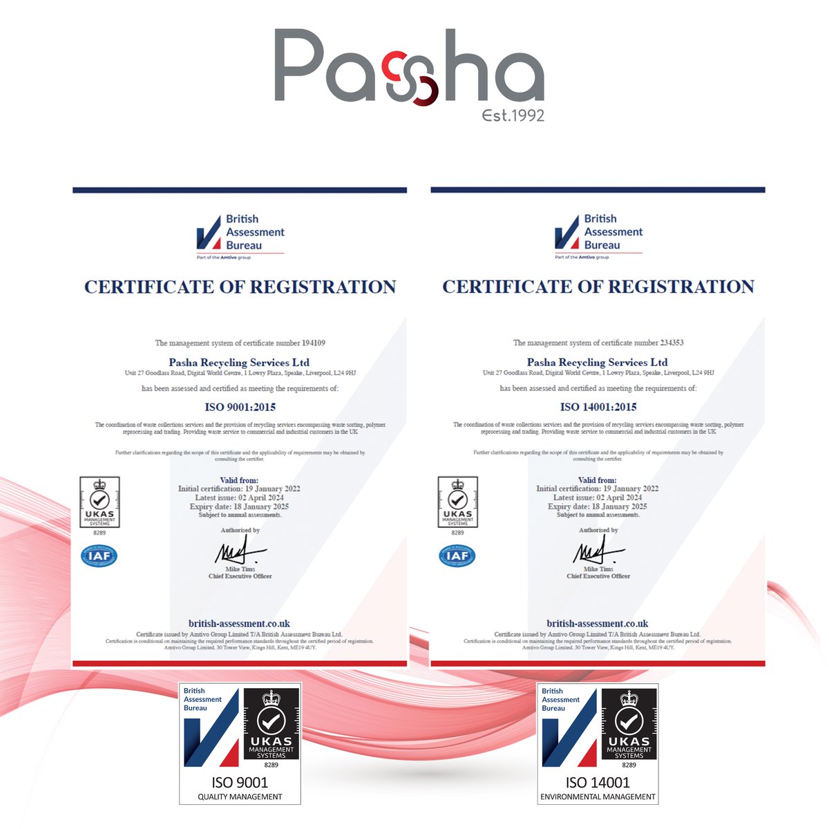 We are thrilled to announce that Pasha Recycling Services has achieved yet another remarkable milestone! 🏆✨ For the third consecutive year, we have successfully passed our ISO 9001 and 14001 certifications with flying colours, accredited by the British Assessment Bureau.