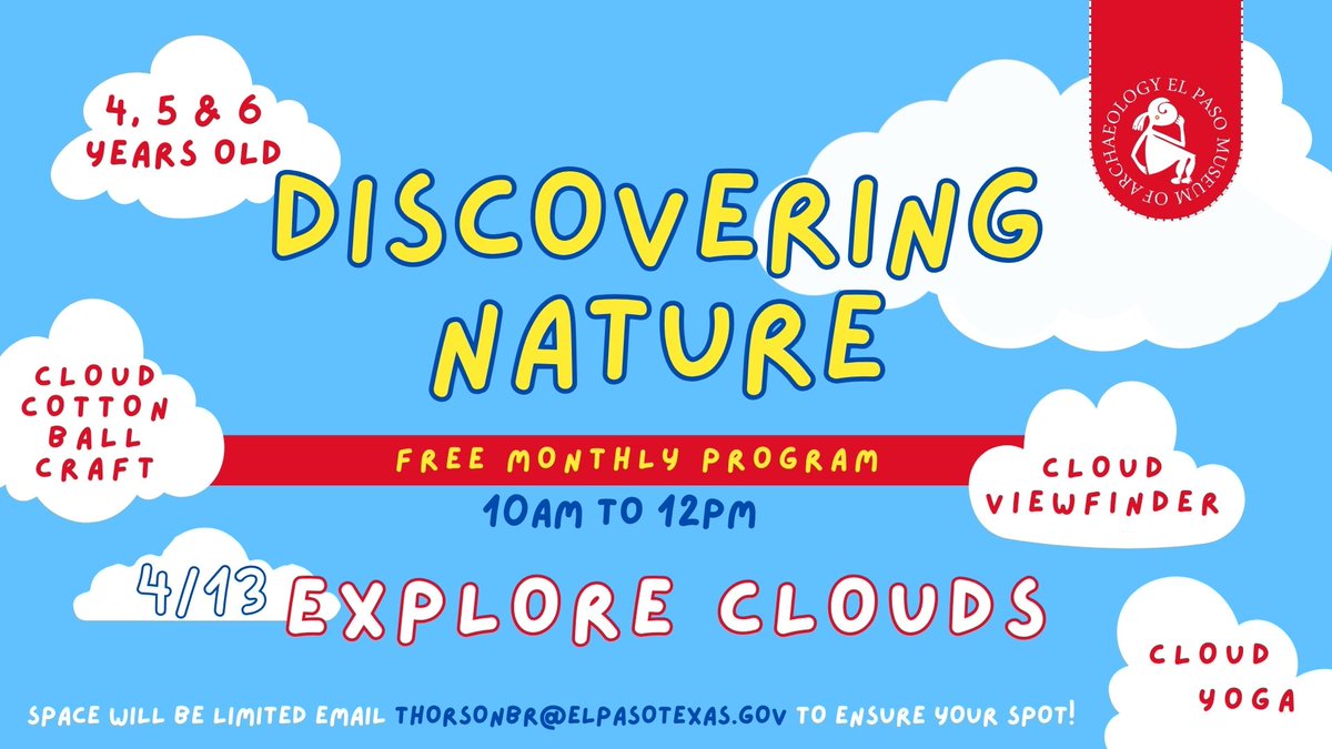 The @elpasomuseumofarchaeology is offering a new FREE monthly program you can bring your little ones to enjoy! Join them in Discovering Nature with Cloud Yoga, Cloud Crafts, and Cloud Viewfinding just to name a few activities! #DiscoveringNature #ExploreClouds ☁️🌥⛅️