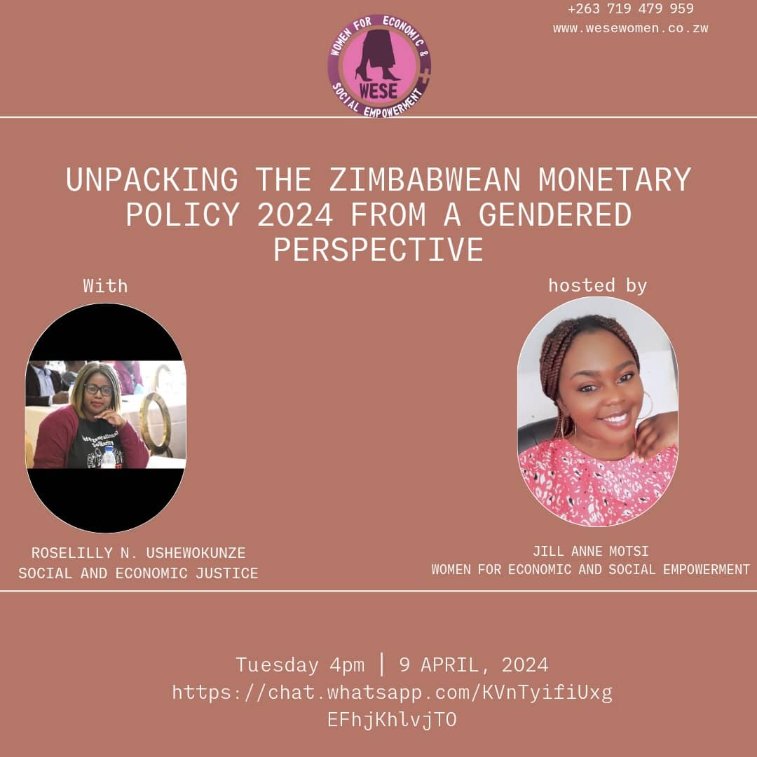 Join us tomorrow Tuesday 9 April 2024 as we unpack the Zimbabwean #monetarypolicyzw2024 from a gendered perspective on📍chat.whatsapp.com/KVnTyifiUxgEFh… @accountlabzw @AllianceofCBOs @amnesty_zim @EJFWZim @ARTUZ_teachers @costahcostah @ZimDaily @NewsDayZimbabwe @NewsHawksLive @table_girls