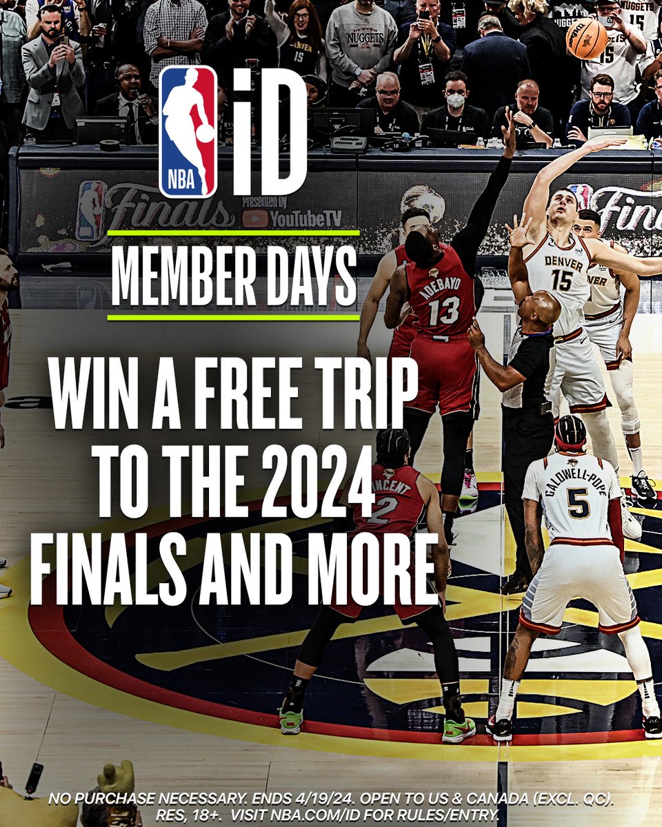 Sign up for a free NBA ID to join in the Member Days celebration 🎉
 
Enter our ultimate event sweepstakes for a chance to win a trip to the NBA Finals, NBA Draft, Summer League, and NBA Con!
 
NPN. Ends 4/19 at 11:59 p.m. ET. US & Canada (excl. QC), 18+. T&C apply.
 
➡️…